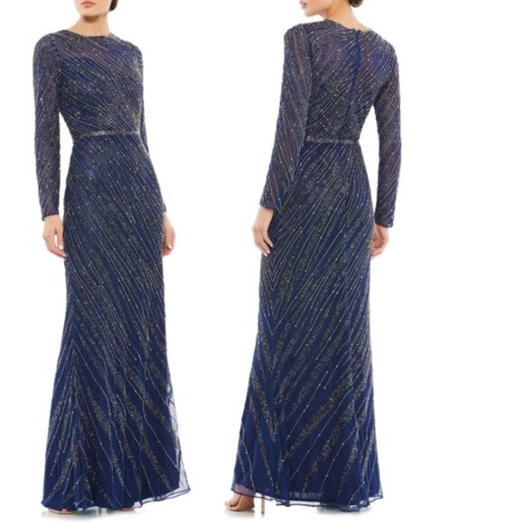 Mac Duggal Midnight Blue Beaded Long Sleeve Column Gown